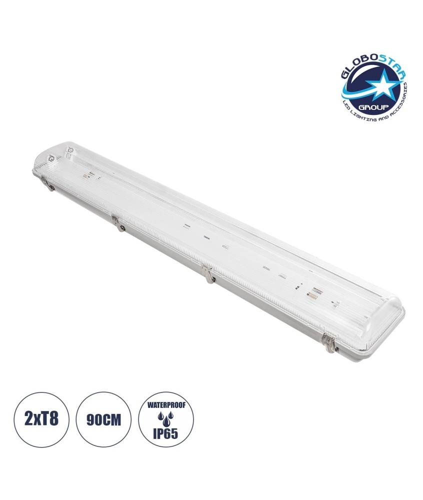 GLOBOSTAR® VIGAS 999-0250 Γραμμικό Βιομηχανικό Φωτιστικό Σκαφάκι Tri-Proof με Μεταλλικά Clips για 2 x Λάμπες T8 G13 90cm Τύπου Φθορίου LED Τροφοδοσίας Ενός Άκρου 120° AC 220-240V Αδιάβροχο IP65 - Γκρι με Διάφανο Κάλυμμα Πλαστικό PC - Μ100 x Π15 x Υ10cm